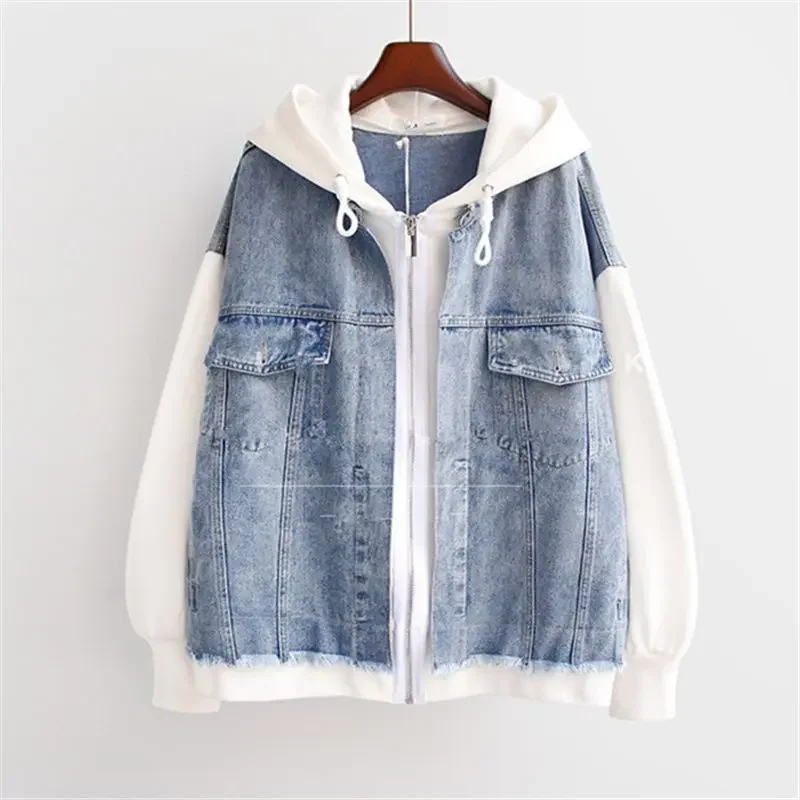 Spring Autumn Fake Two-piece Denim Hoodies Coat Women Trend Cardigan Hoodie Casual Loose Hooded Baseball Jacket Streetwear Woman