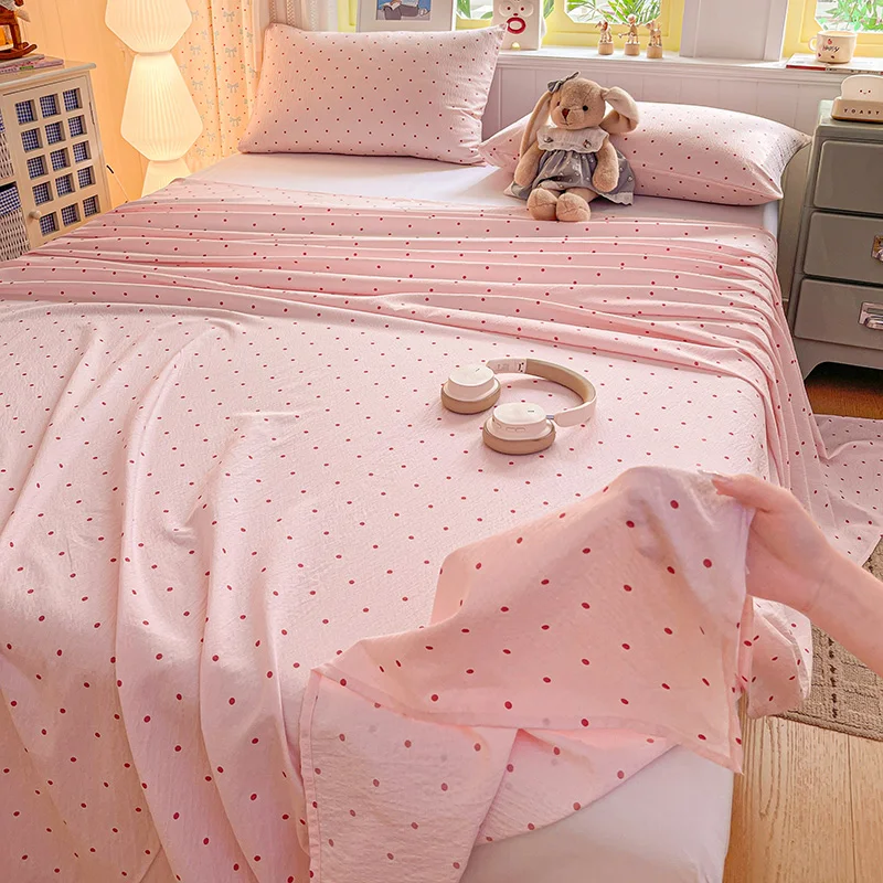 NewFashion Kawaii Pink Polka Dot Fitted Sheet Crinkle Puff Fabric Full‑Wrap Elastic Mattress Cover Girls Bedroom Decor Bed Sheet