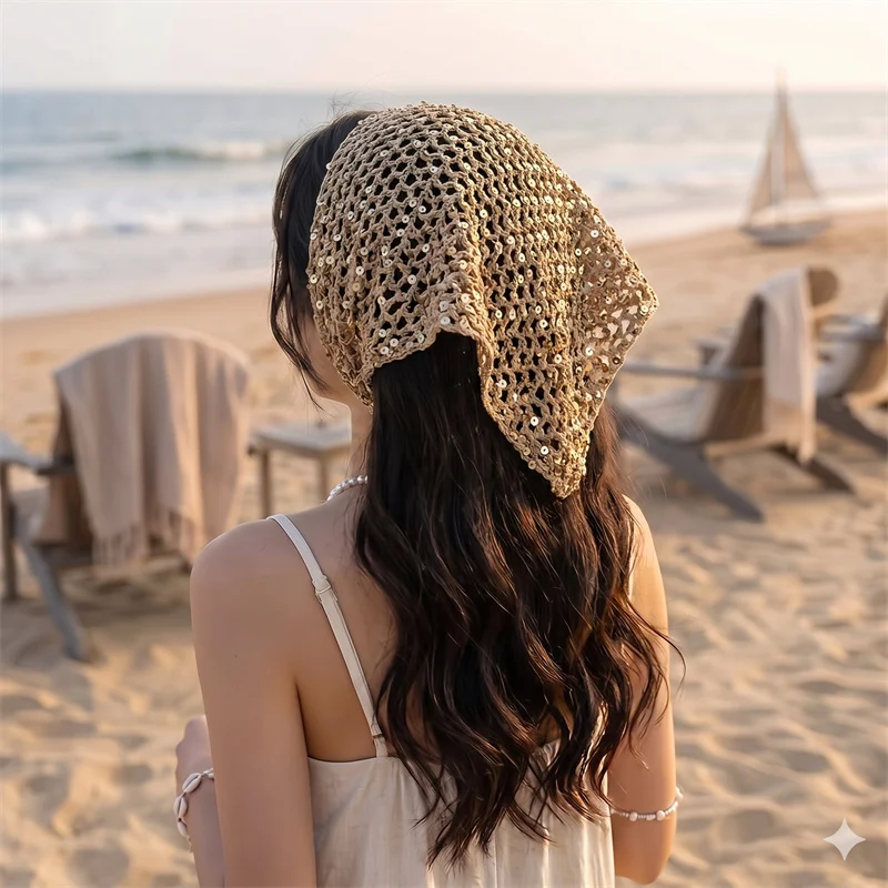 Boho Sequin Crochet Triangle Headscarf Women Hollow Knit Bandana Summer Beach Travel Photo Hair Wrap Fashion Hair Accessories