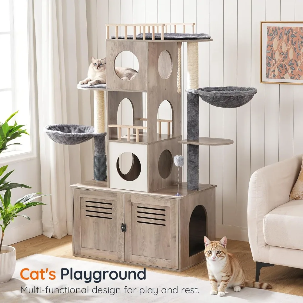 

Cat Tree with Litter Box Enclosure, 31.5 L x 17.7 W x 57 H, Cat Tower with Hidden Litter Box, Cat Furniture for Indoor Cats