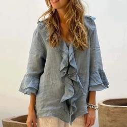 Vintage Casual Solid Ruffle Shirts & Blouses Women Spring Elegant V Neck Button Office Top Autumn 3/4 Flying Sleeve Loose Blusas