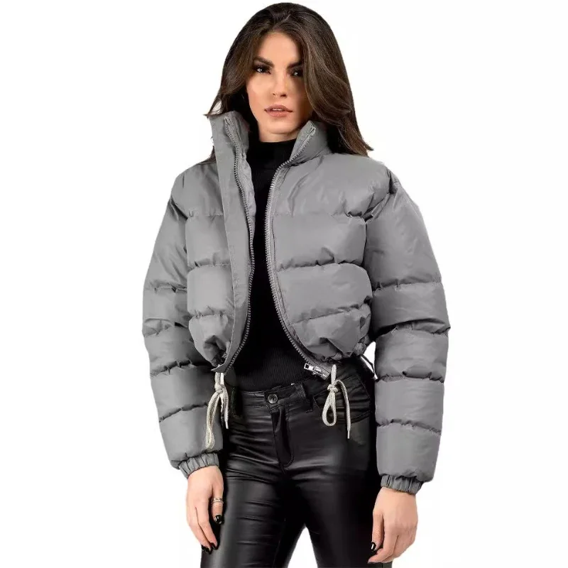 Mulheres gola Stand zíper manga cheia casaco curto, elegante casaco de emenda, grosso, quente, monocromático, parkas com cordão, outono, inverno