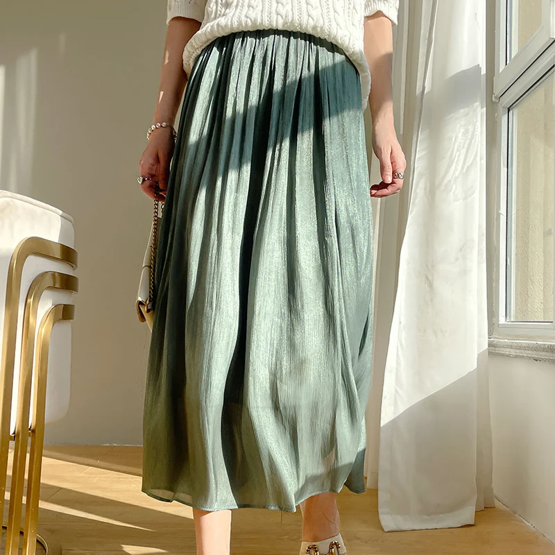 

Silk Mis f Skirt Women's High Waist Long Gown Double Layer Anti-Light Bifold Design Commute Pure Color Fairy T Sle