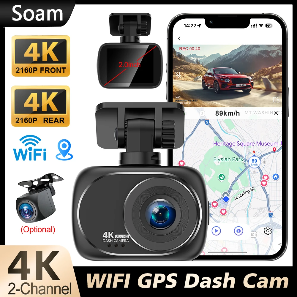 

Видеорегистратор Soam Dual 4K (фронтальная и задняя камеры) с Wi-Fi, ночным видением, WDR, режимом парковки 24 часа, 2-дюймовым IPS-экраном и GPS