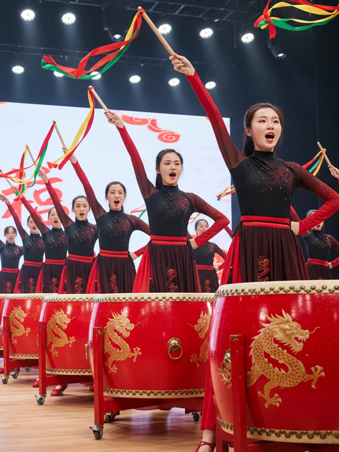 

Женский взрослый сценический костюм для танца с драконами и барабанами, новинка 2026 года, костюм «Зимний рёв дракона» с большим барабаном, зимний сценический наряд