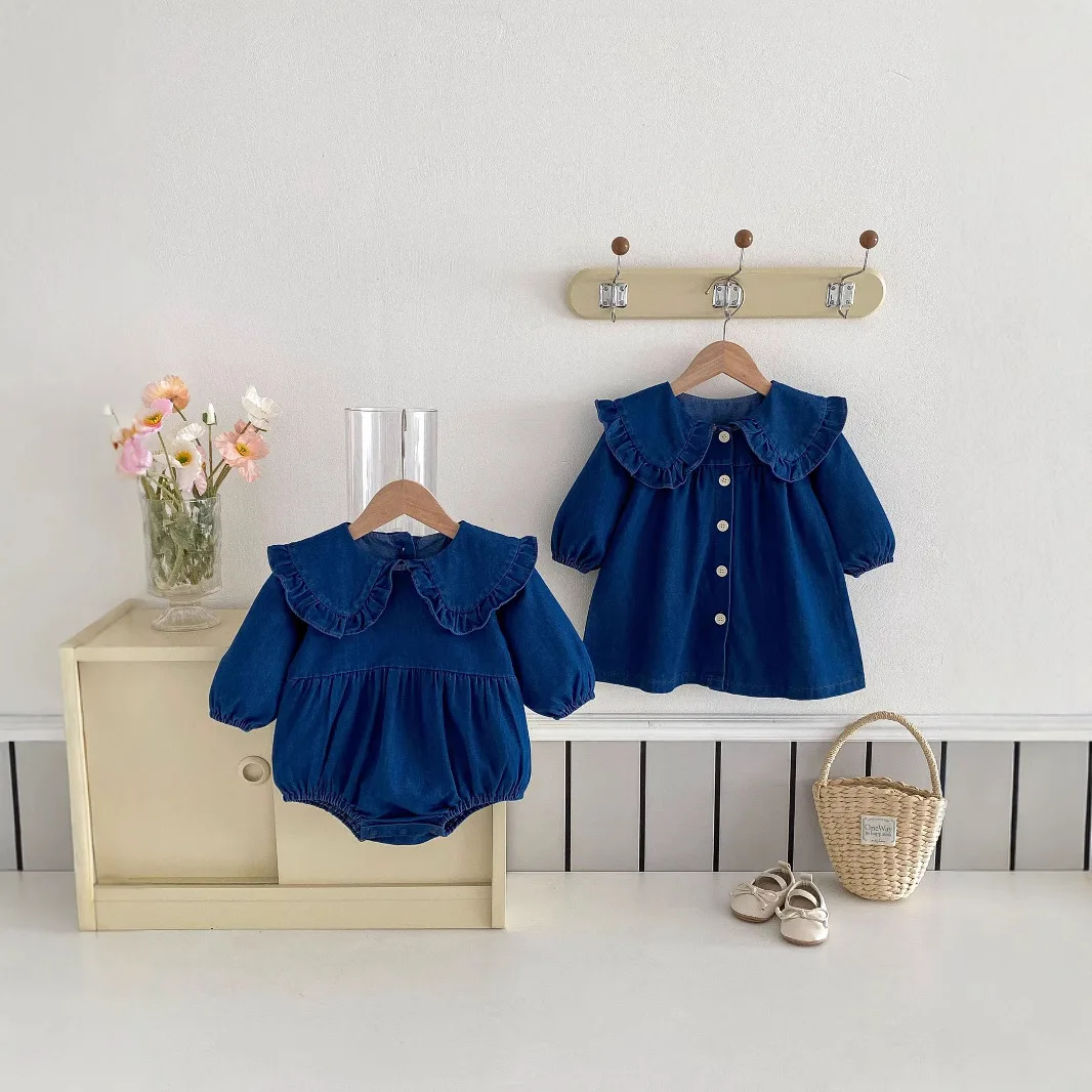 

2025 Korean Spring New Girl Baby Western Denim Skirt Children's Baby Ha Clothes Crawler Clothes Collar