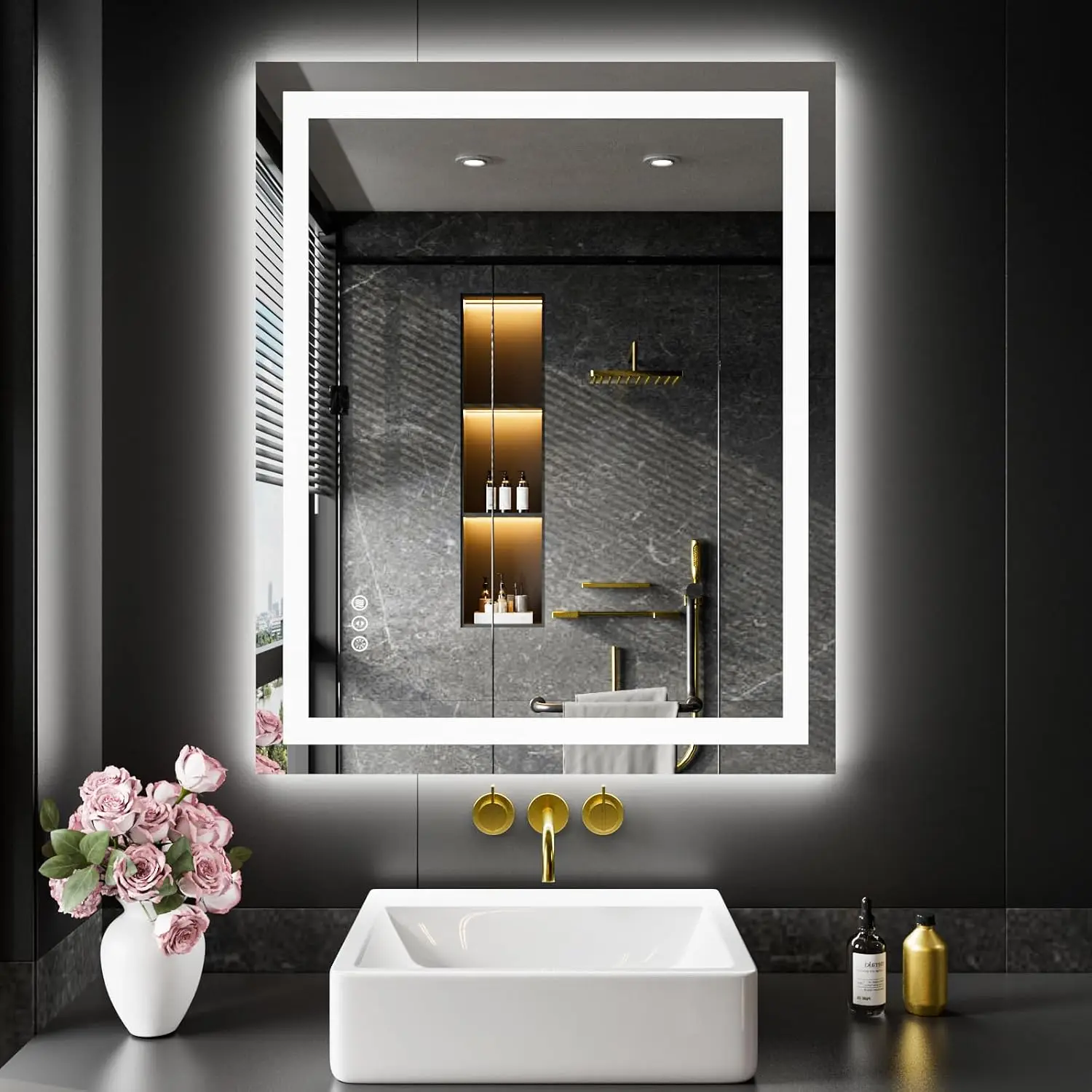 28 X 36 Inch LED Bathroom Mirror Lights Anti Fog Dimmable 3 Color Temperature Backlit Front Lit Memory Function Tempered Glass U