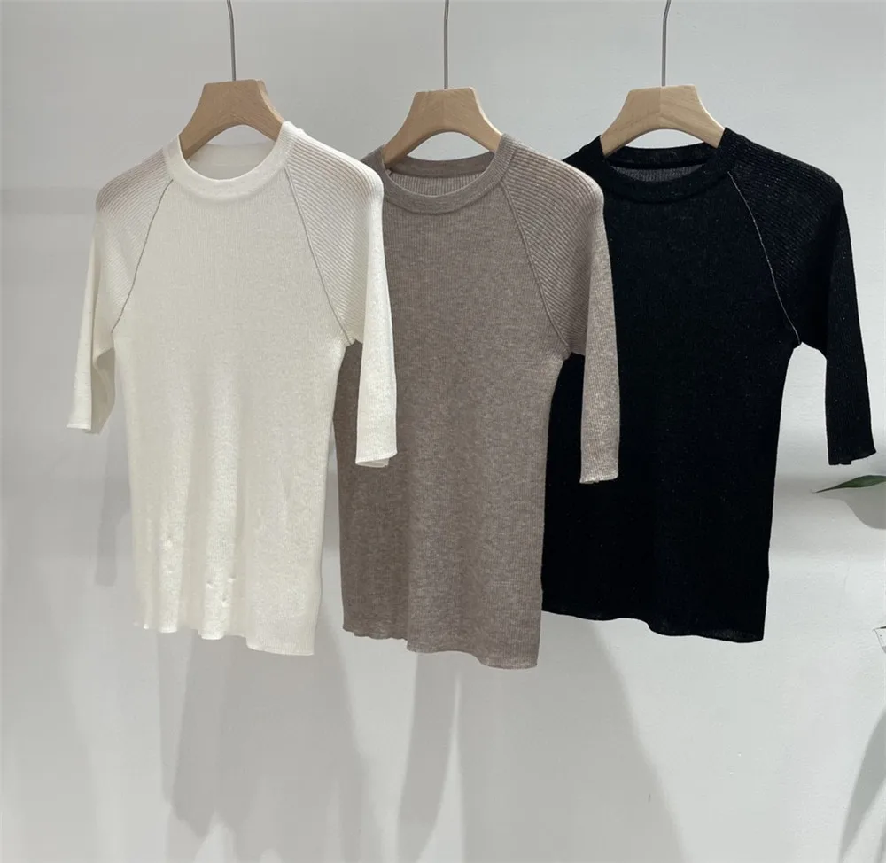 Casual Half Sleeves Knitted Top O- Neck Beaded High-Elastic T-Shirt High Quality Women's Clothing