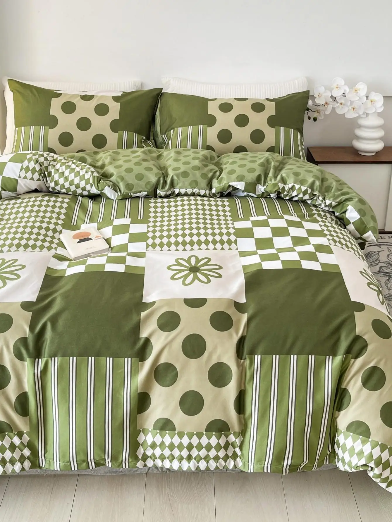 3pcs Modern Flower And Geometric Pattern Duvet Cover With 2 Pillowcases Beding Sets Patchwork Design Room Decor Single Full Size