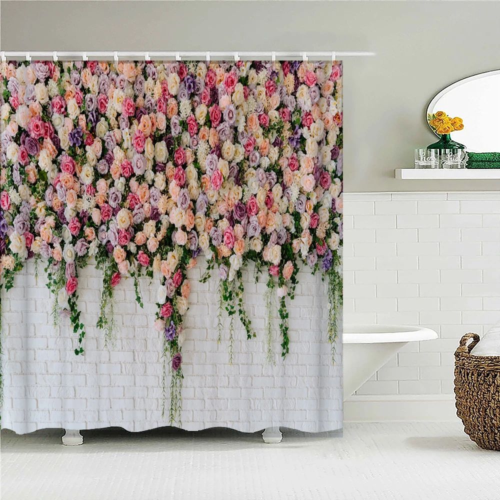 Home decoration shower curtain bathroom curtain 3D beautiful flowers printing waterproof polyester curtain with hook 240x180cm