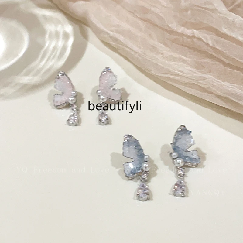 Blue Ice Crystal Bow Water Drop Ear Studs Super Fairy High-Grade Earrings Suitable for Summer Light Luxury Temperament Earrings