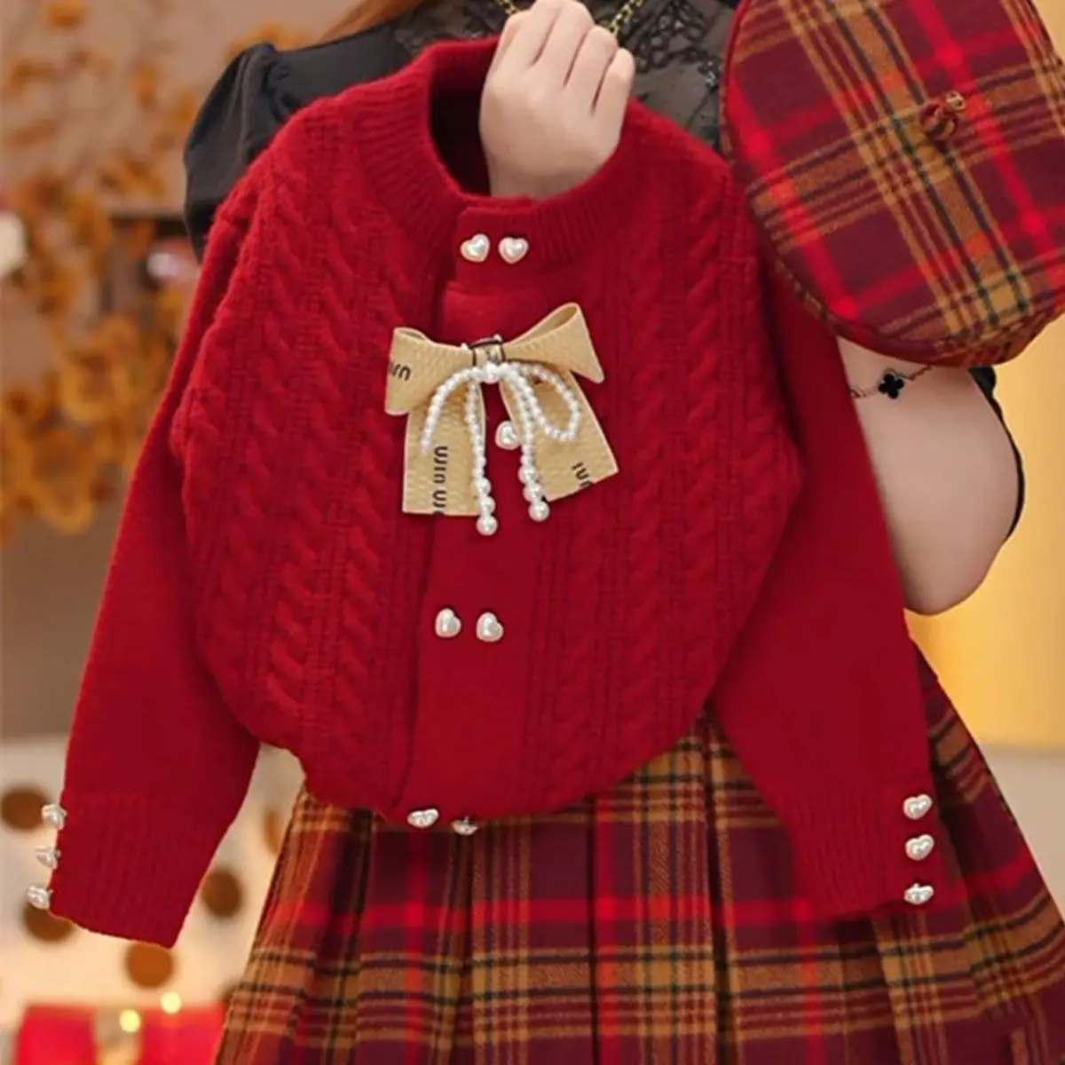 Korean girls set 2025 autumn winter new small fragrant style red bow thickened sweater girls plaid pleated skirt two piece set