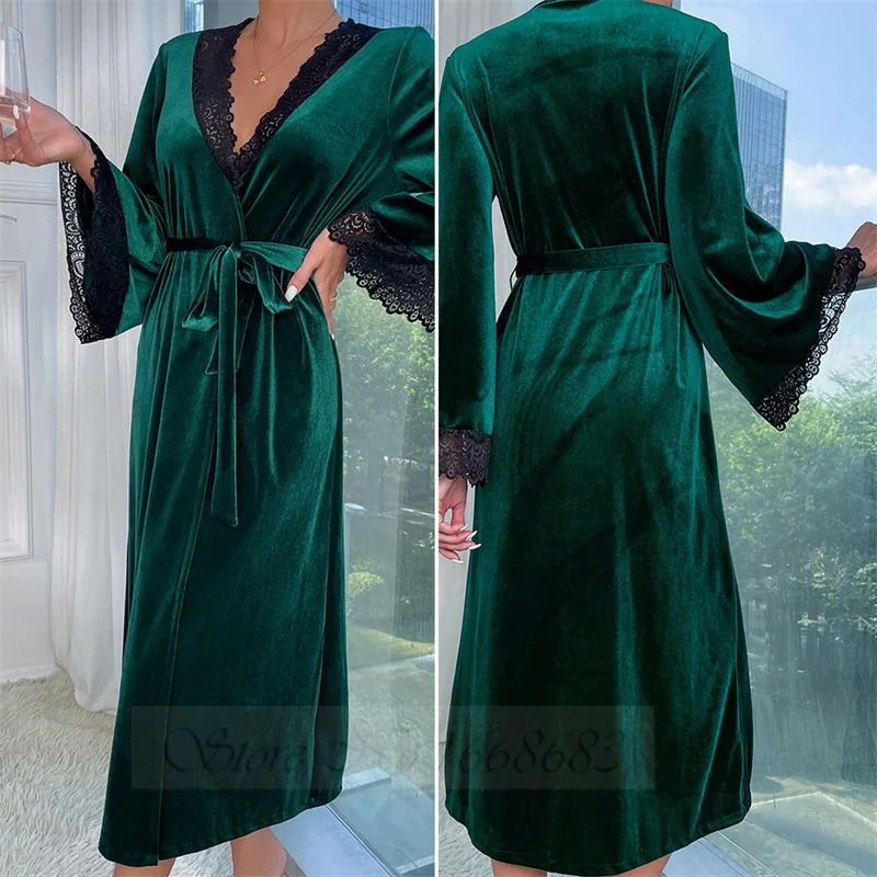 Sexy Burgundy Velvet Long Robe Kimono Bathrobe Gown Autumn Winter Women Sleepwear Lace Trim Nightgown Loose Homewear Lounge Wear