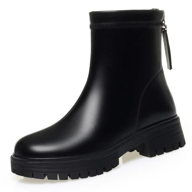 

4.5cm Elegant Comfortable Soft Leather Boots Platform Shoes Winter 226 Women's Block Heel Warm Fur Short Ankle Boots Office Mom