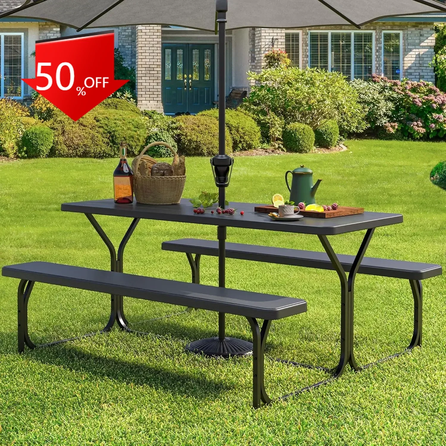 

Стол для пикника с отверстием для зонта, стол для пикника, 6 футов, сверхмощный уличный стол для пикника и скамейка, столешница из смолы и стабильная стальная рама