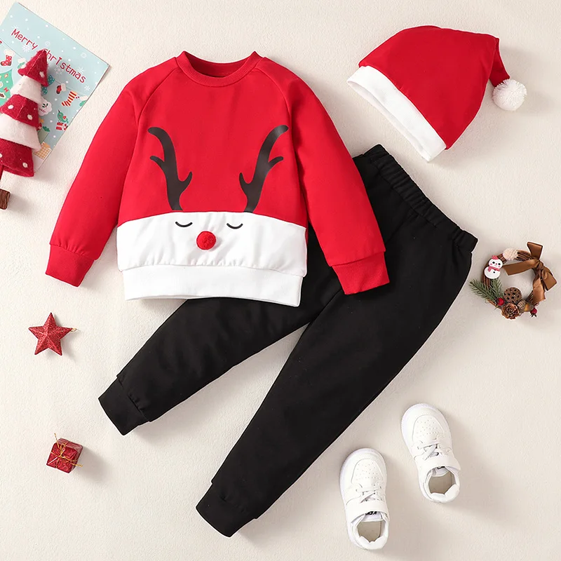 

Children s 3-Piece Holiday Ensemble Festive Reindeer Sweater Matching Trousers and Santa Claus Cap for Christmas Cheer