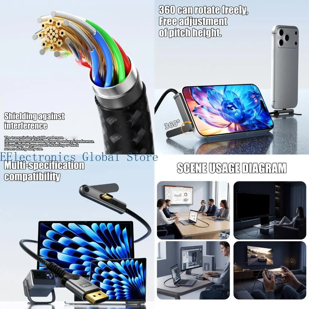 462B USB C to DisplayPort Monitor Cable with Foldable Stand, DP2.1 80Gbps 2M Braided Video Cable for Presentation, Viewing, and