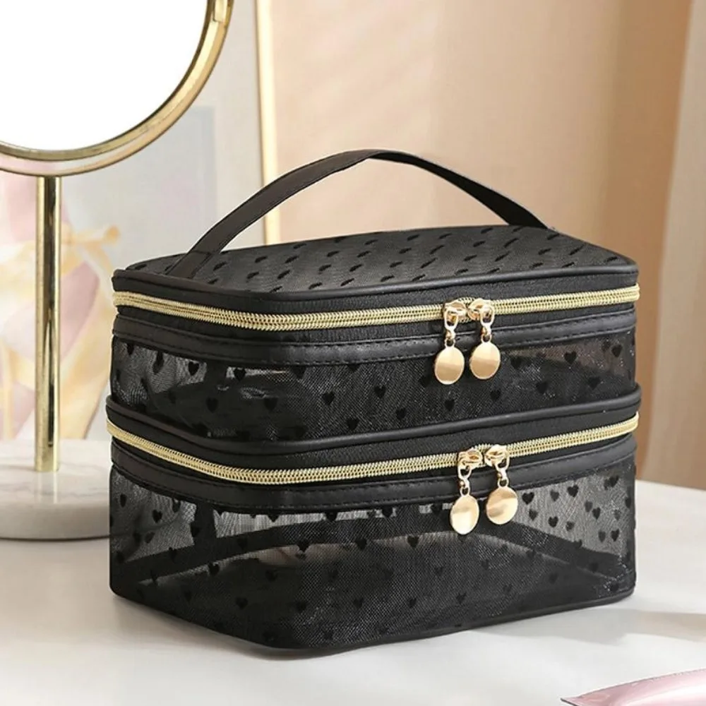 Mesh Makeup Bag Travel Portable Cosmetic Organizer Double-layers Large-Capacity Toiletry Bag Beauty Storage Case for Women