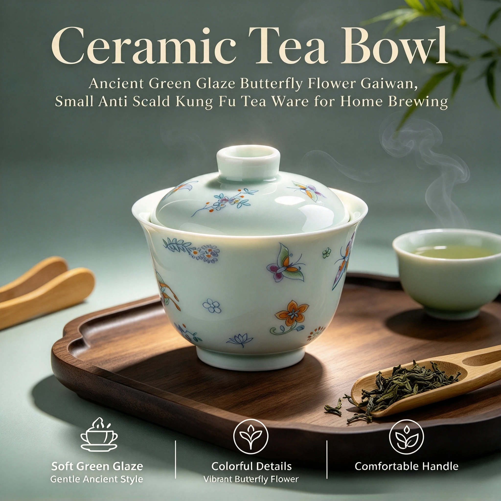 Ancient Green Glaze Butterfly Flower Gaiwan Ceramic Tea Bowl Small Anti Scald Kung Fu Tea Ware for Ladies Home Brewing