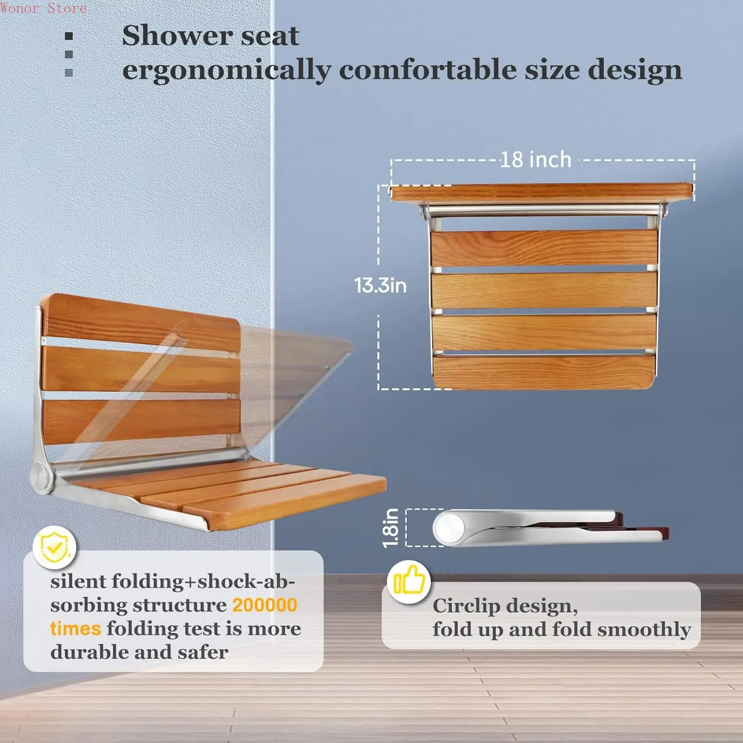 

18 inch Teak Folding Shower Seat Wall Mounted, Foldable Shower Bench, 400lbs Max Load, Space-Saving Fold Down Design