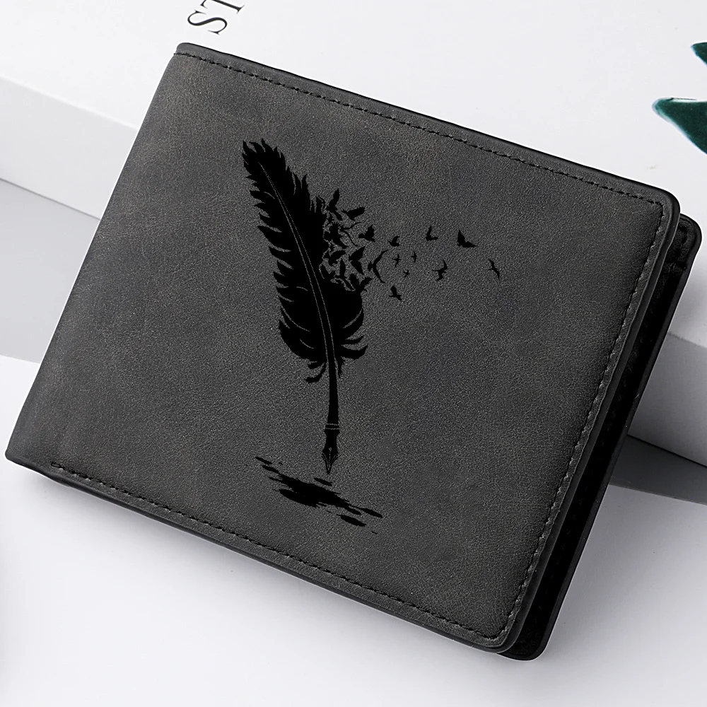 محفظة رجالية جديدة بنمط ريش الملاك الأسود الفاخر مع فتحات بطاقات متعددة وجيب للعملات المعدنية وسحاب محفظة صلبة للرجال