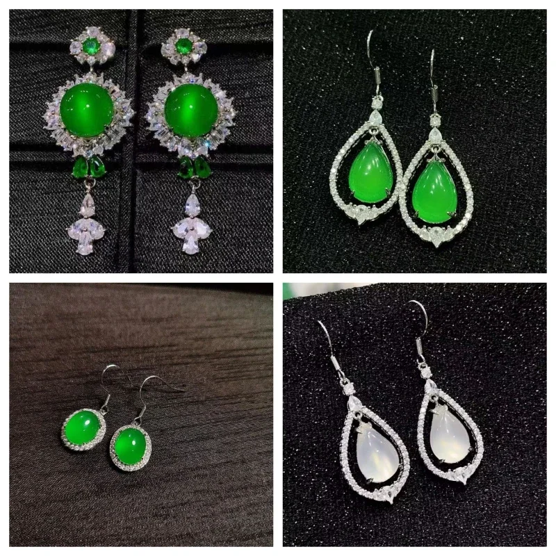 925 silver needle inlaid chalcedony fashion earrings yang green agate simple jade earrings ear hooks