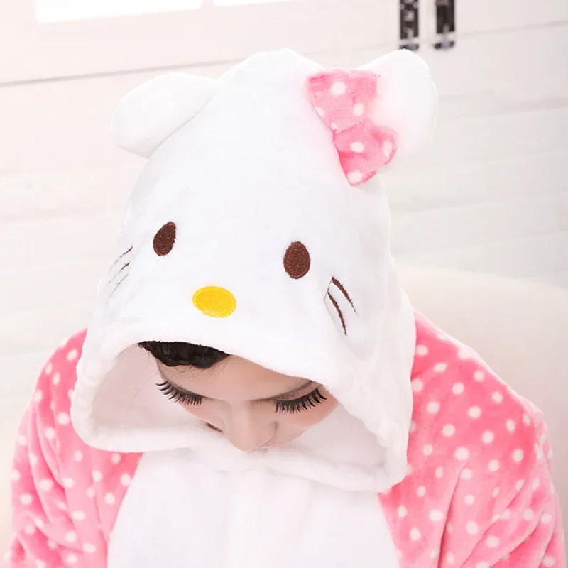 Hello Kitty Kigurumi Onesie Adult Children Unisex Winter Pajama Cute Anime Women Girls Winter Flannel Pajama Set Nightdress Gift