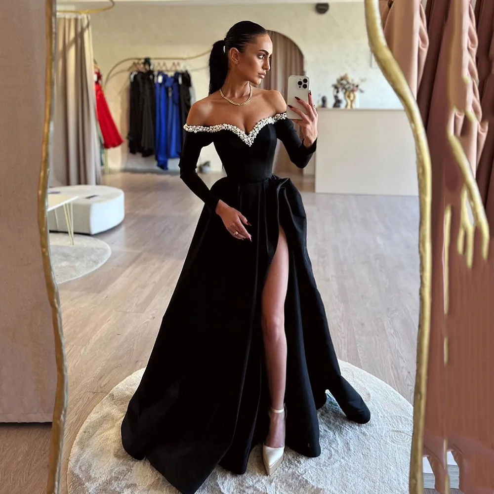 SoDigne Elegant Black Saudi Evening Dresses off The Shoulder Long Sleeves Split Pearl Women Prom Gowns Guest Party Customized