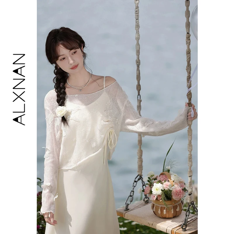 ALXNAN Off-shoulder Hollow Out Pullover 3D Butterfly Design Drawstring Ruched Long Sleeve Popular Summer Ladies Tops L37307SY