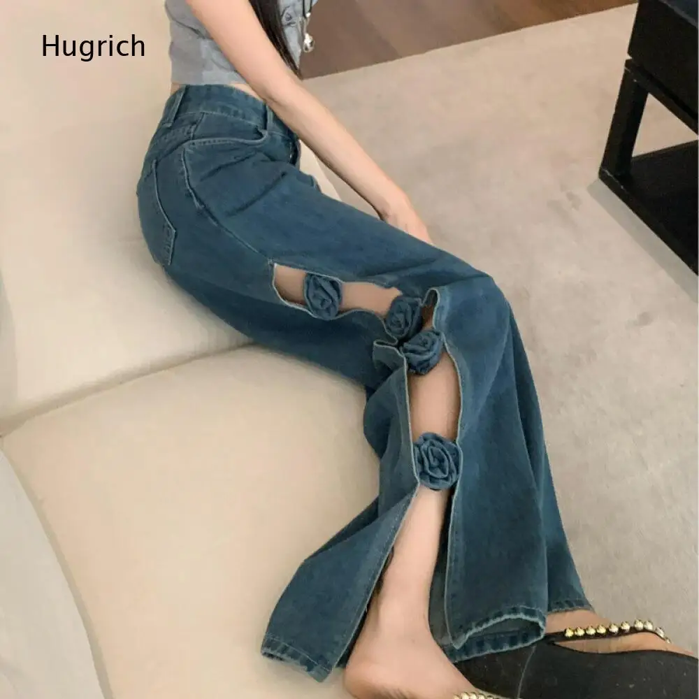 Vintage Blue Washed Denim Wide Leg Pants Three Dimensional Flower Detail High Split Loose Long Jeans Daily Matching Bottoms