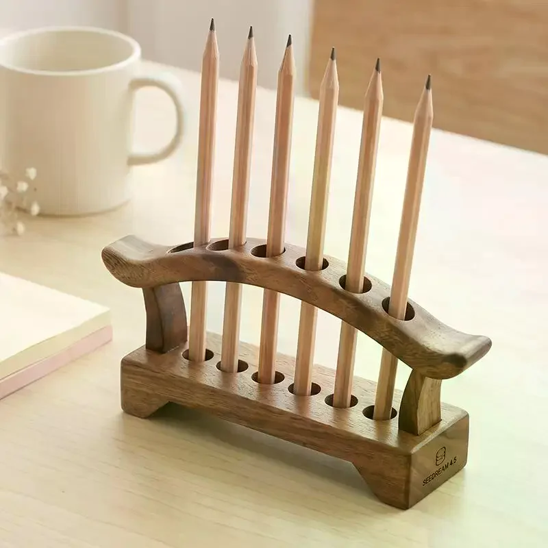 Natural Walnut Wood Desk Organizer Multifunctional Pen Holder Stand Durable Desktop Storage for Home School Office