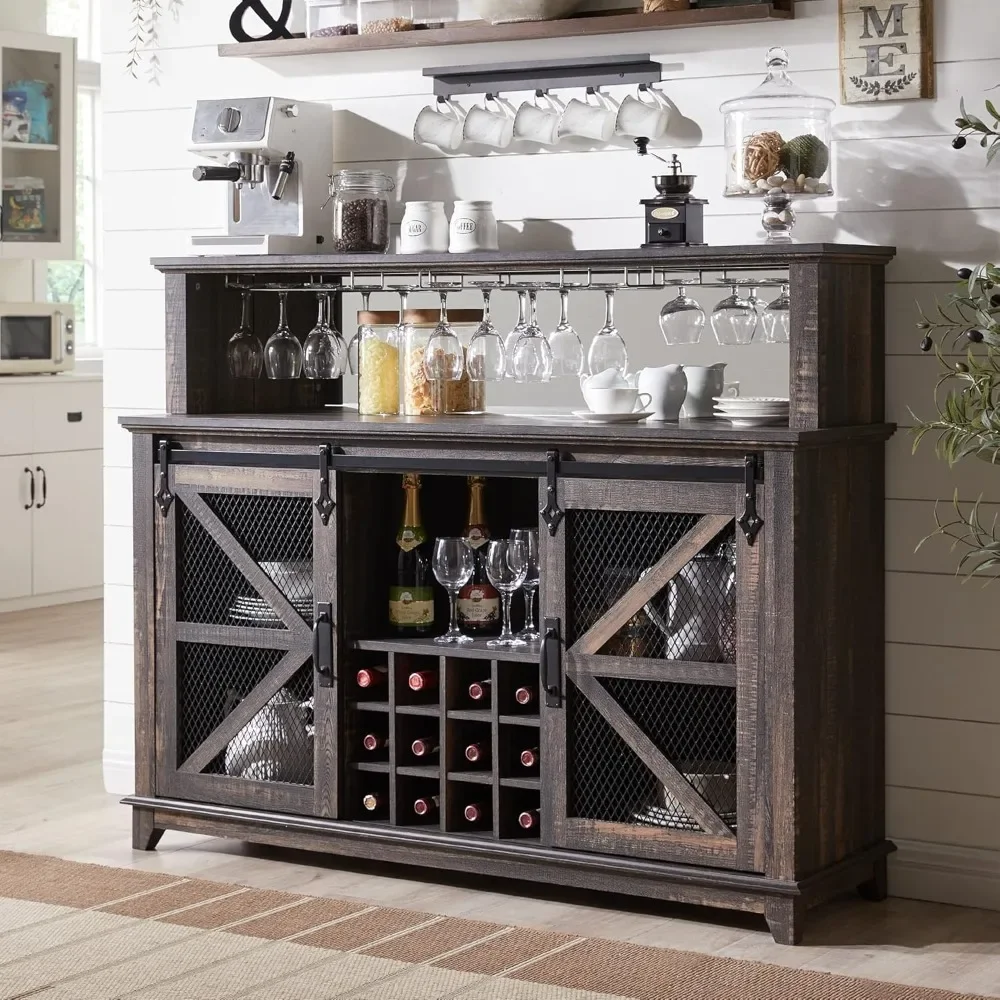 

Farmhouse Coffee Bar Cabinet with LED Lights, 55" Wine Bar Cabinet w/Sliding Barn Door & Wine and Glass Rack, Kitchen Buffet