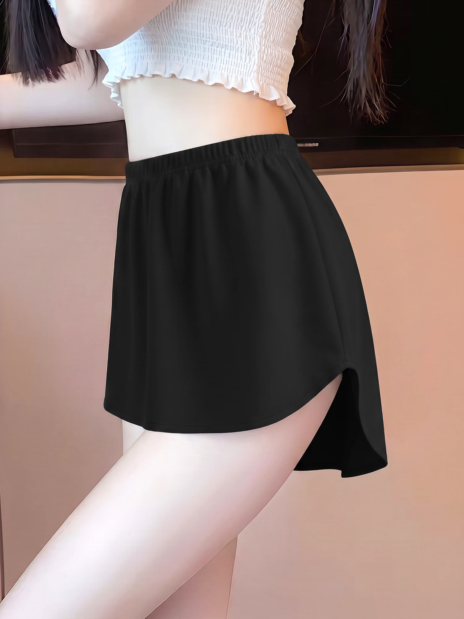 Women Elastic Waist Curved Hem Mini Skirt Solid Black Simple Casual Short Skirt Daily Outdoor Walking Bottoms