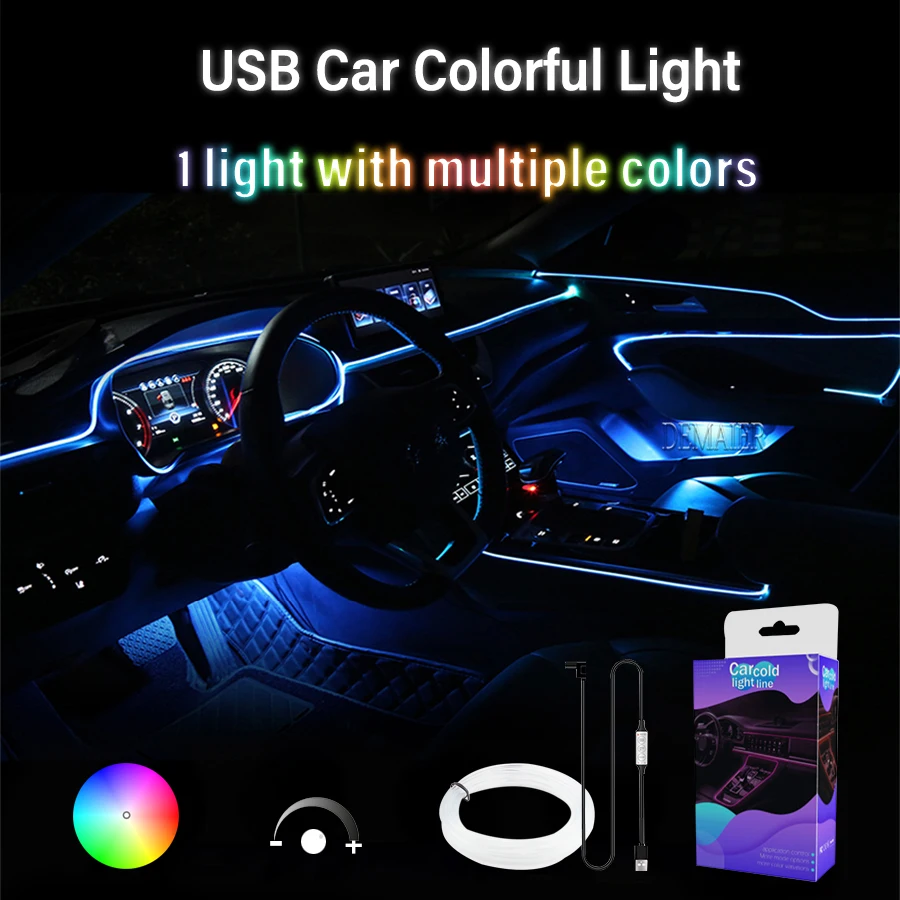 Lámpara de ambiente USB para coche, tira de luz LED Interior, Flexible, RGB, luz ambiental, fibra óptica, aplicación de Control de música,