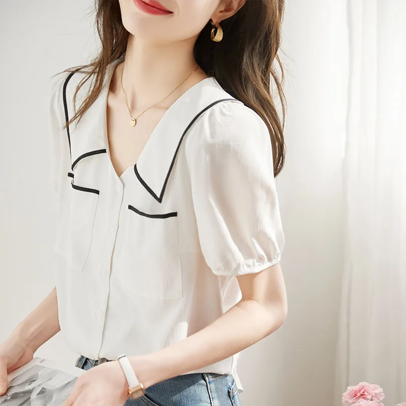 Summer New Short Sleeve Turn Down Collar Women Shirt Office Lady Shirt Blouse Women Tops Blusas Mujer De Moda 2024 Verano A504