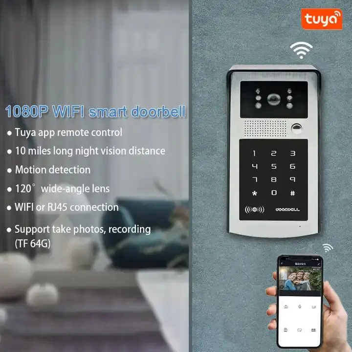 Timbre de puerta inteligente Tuya, intercomunicador de vídeo 1080P con WiFi, cámara con teclado de código RFID, acceso a la aplicación del teléfono,