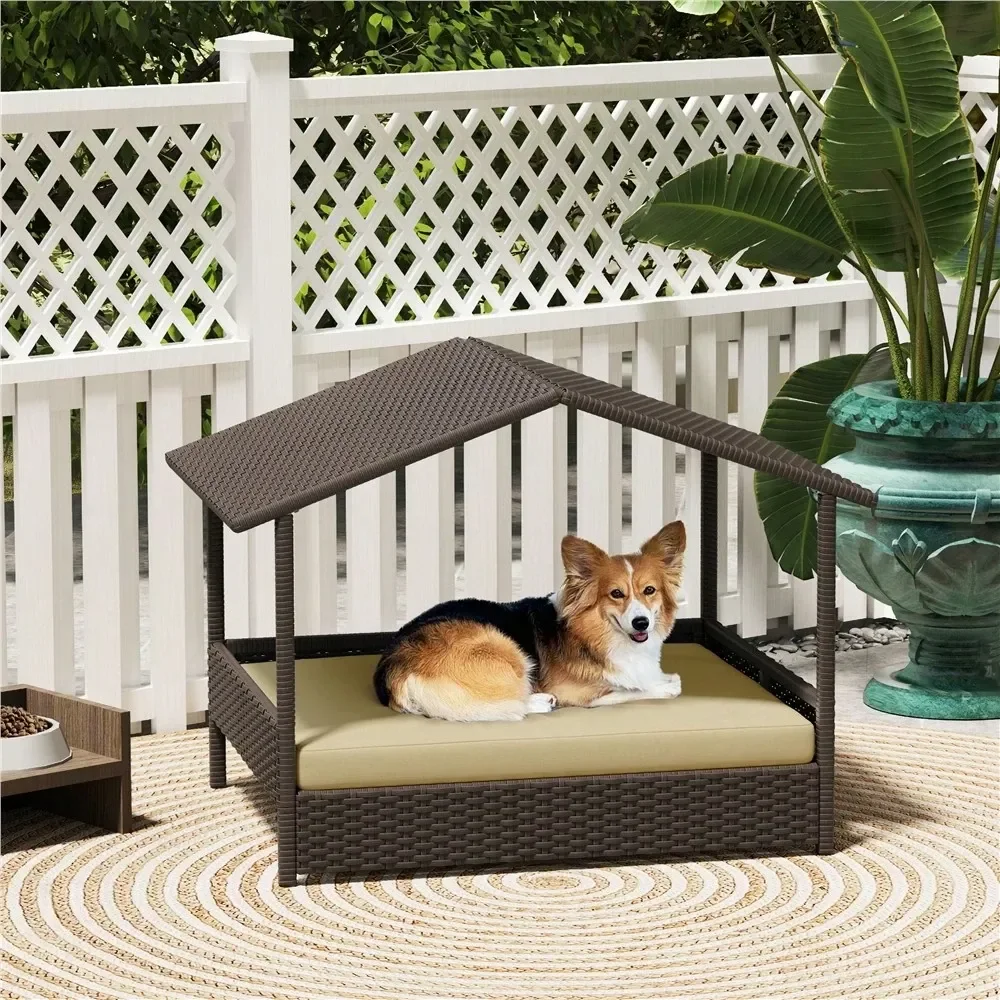 

Dog House Dog Kennel OutdoorRattan Dog House Outdoor Pet House Raised Dog Bed With Foam Cushion Canopy Outdoor Elevated Pet Bed