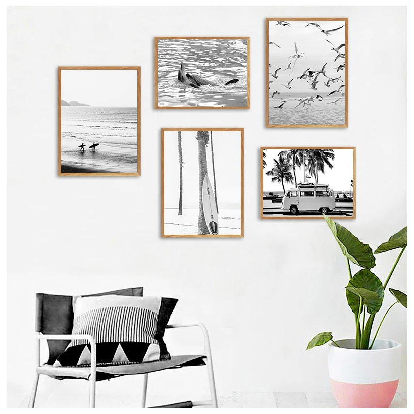 Surf Poster California Wall Art Black and White Ocean Print Beach  Canvas Painting Surfing Coastal Decor for Living Room