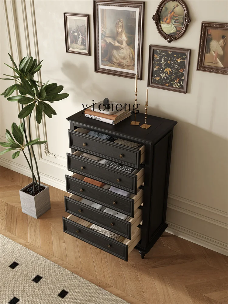 

ZYA black retro solid wood five-bucket living room wall drawer locker bedroom storage cabinet