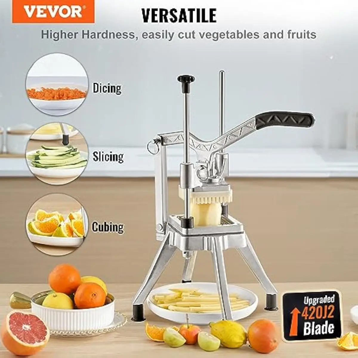 Heavy-Duty Stainless Steel Vegetable Dicer with Four Interchangeable Blades 1/2 Inch 3/8 Inch 1/4 Inch and 6-Wedge Slicer Ergono