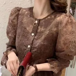 Vintage Elegant Lace Patchwork Blouse 2024 Spring Summer Commute Casual Single-breasted Female Clothing Hollow Out O-Neck Shirt