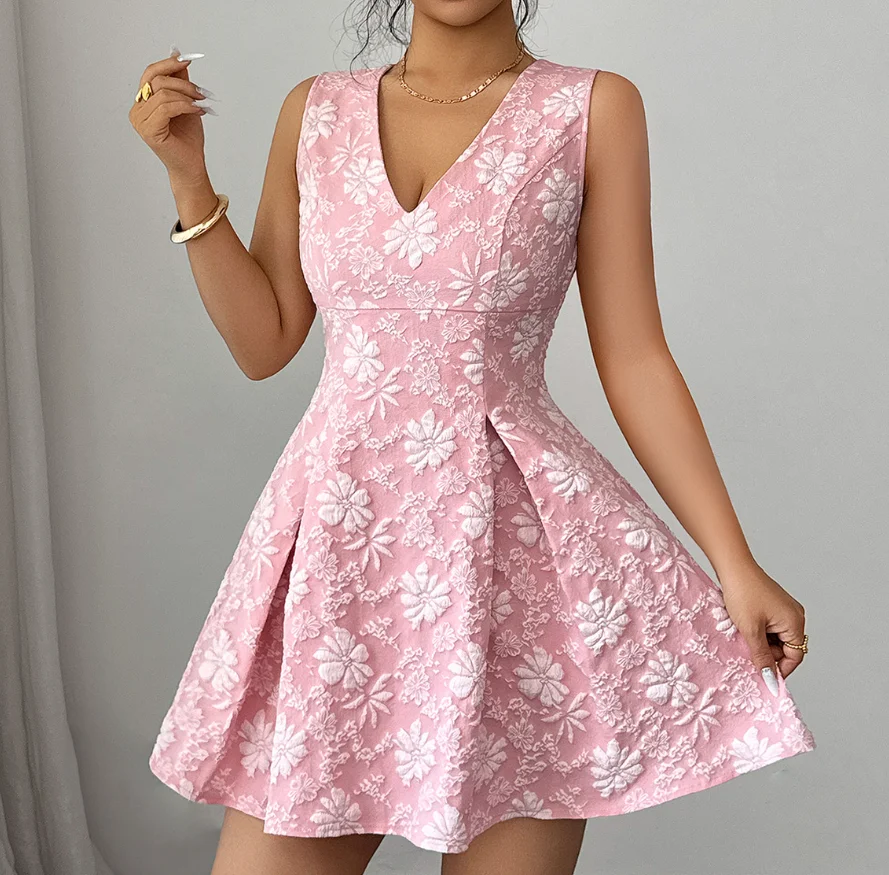 

Women Dress 2026 Spring Summer New V-Neck Sleeveless Jacquard Cinched Waist Zipper Back A-Line Temperament Mini Dress