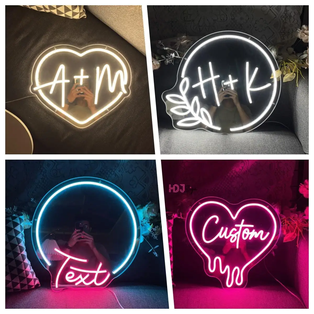 Custom Neon Sign Espelho Amor Coração Forma Wall Hanging LED Neon Lights Sinal para Wedding Party Decoração Quarto Home Store Decor