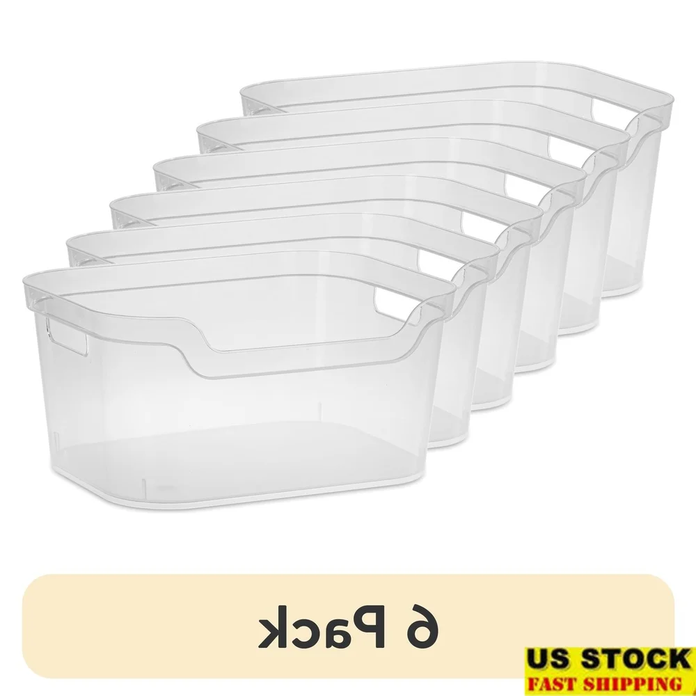 

6 Pack Large Clear Plastic Open Bins with Scoop Front Easy Access Portable Storage Kitchen Bathroom Home Organization