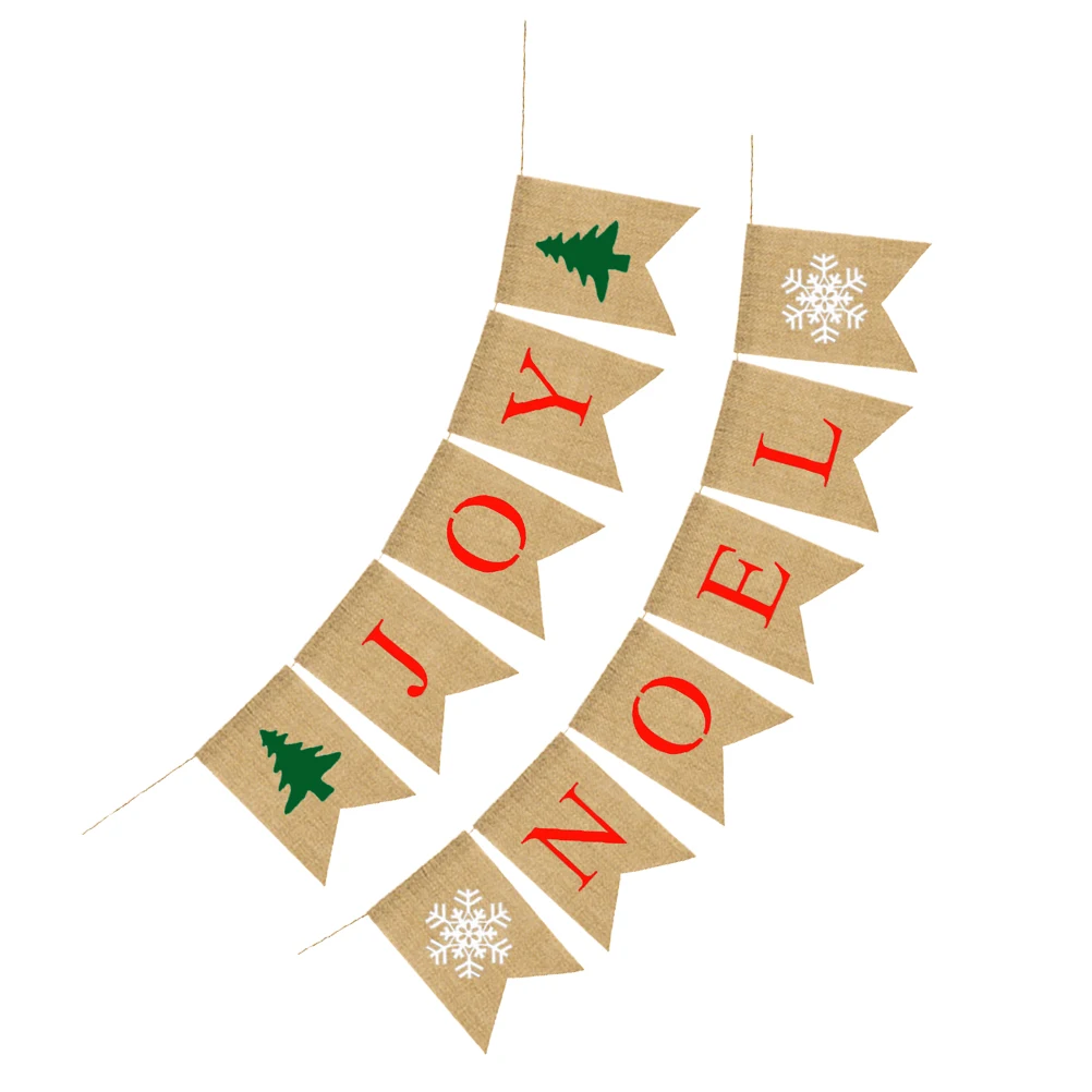 

Christmas Party Burlap Banners Set Snowflake Tree Print Garland Swallowtail Flags Linen Reusable Decorations Fireplace Wall