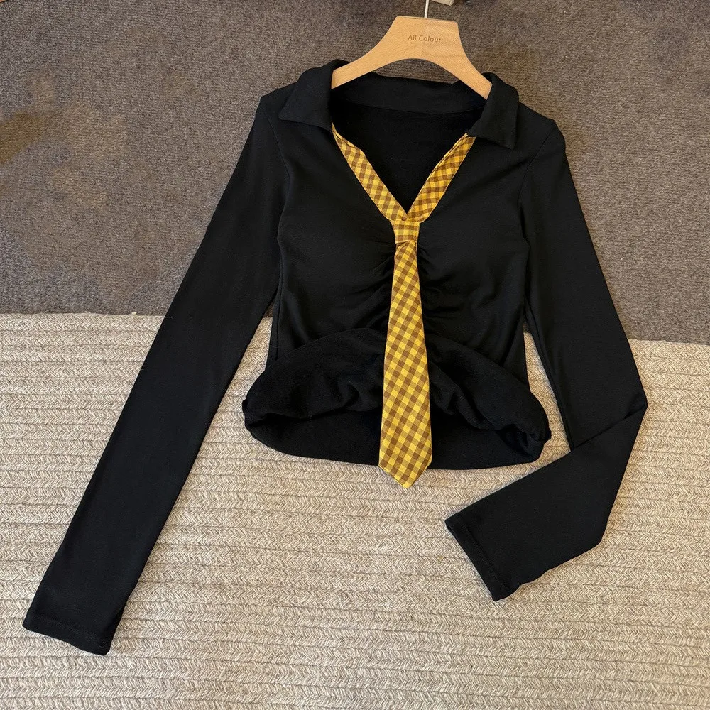 Camiseta de algodón de manga larga con cuello de imitación de corbata y patchwork, estilo crop top ajustado de verano, estilo Spicy Girl, chaleco sencillo a cuadros para mujer