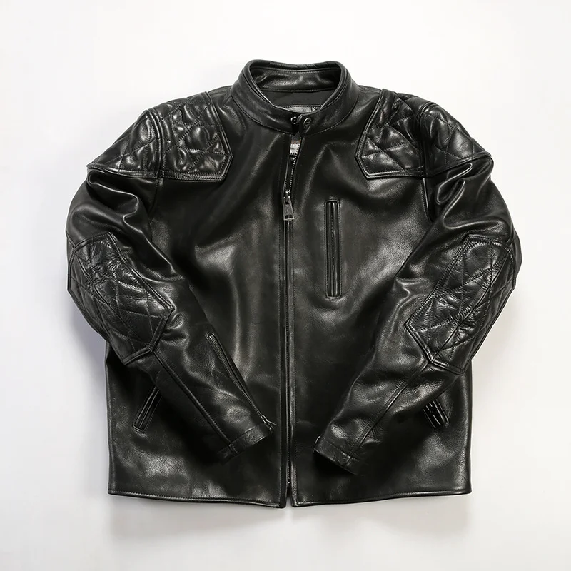 Black Autumn Leather Jacket Men Biker Style Plus Size 4XL Natural Cowhide Stand Collar Genuine Leather Coat