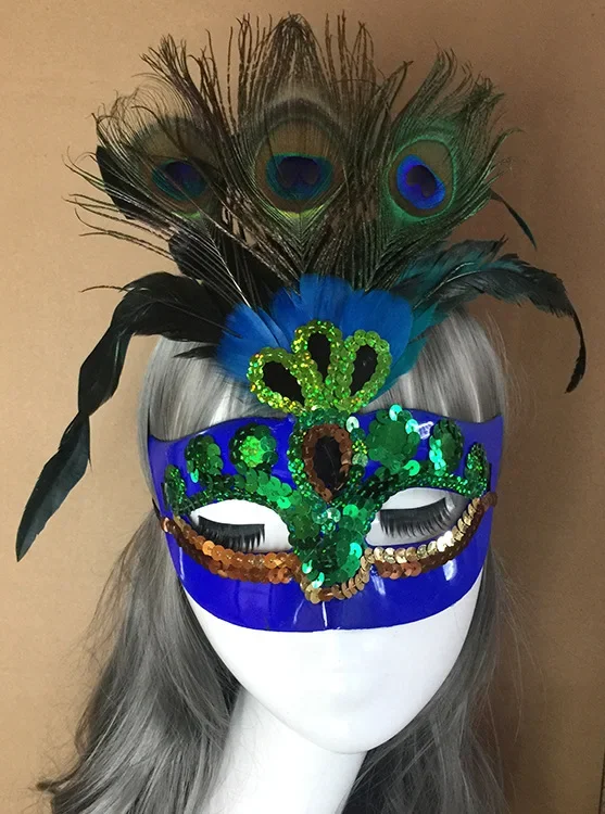 Masque de plumes de paon fait à la main, mascarade de noël, demi-visage, masque de fête d'anniversaire