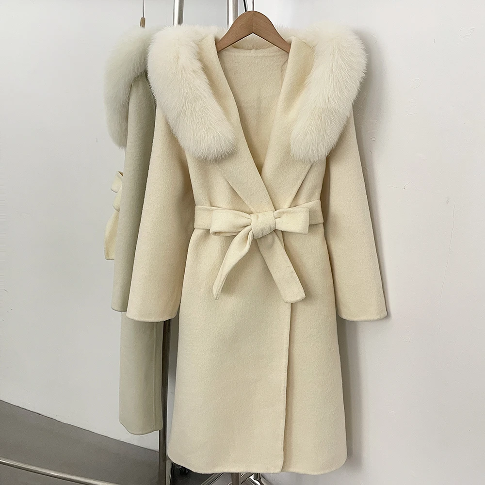 Woolen Coat Winter Coat Female Mid Length Women's Warm Real Fox Fur Collar Wool Autumn Winter New Hooded Double Faced Coat Women