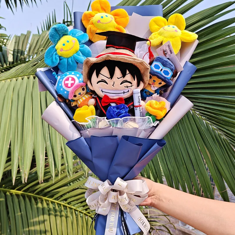 One Piece Anime Luffy Plush Stuffed Bouquet With Graduation Hats Handmade  Doll Cute Flower Bouquet Birthday Gift Toy